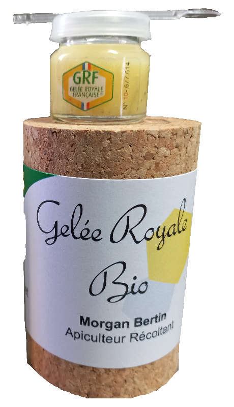 Gelee royale Bio avec emballage liège Morgan Bertin avec pillulier numéroté et cuillère doseuse