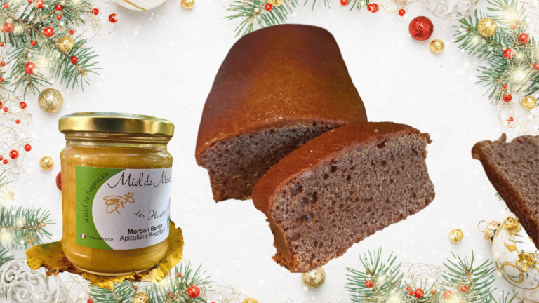 Pain d'Epices tranchés avec le miel de montagne du Gapençais sur fond de décoration de noel